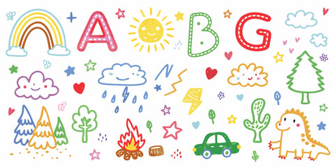 Whimsical hand drawn alphabet letters and cute elements for childrens designs
