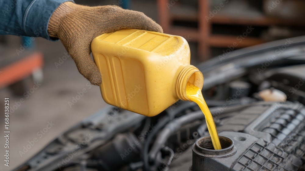 Poster hand in glove pouring yellow liquid from container into vehicle engine compartment in a workshop set