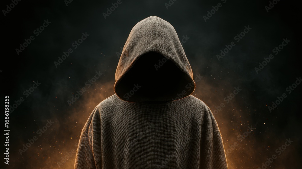 Poster mysterious figure in hooded cloak surrounded by dark ambience and soft glow of ember light creating 