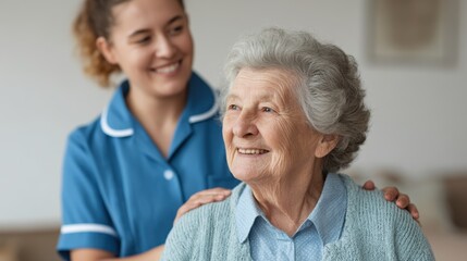 Caring nurse assisting happy elderly woman in bright room showcasing compassion and warmth in healthcare environment with smiling interaction