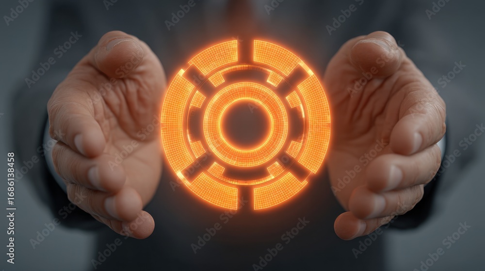 Poster digital concept of future technology with hands holding an orange circular interface symbol represen