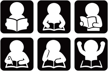 A set of study and learning pictograms showing students reading, writing, thinking, and celebrating success. Perfect for education, training, school, or learning-related designs.