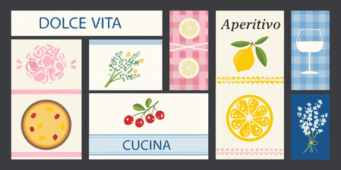 Collection of italian inspired illustrations featuring dolce vita aperitivo cucina lemons cherries herbs and flowers