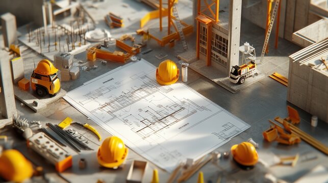 site with a civil engineering blueprint spread out on the table, surrounded by measuring tools, hard hats, and building materials on blurred background