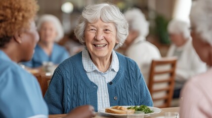 Joyful senior woman dining with friends in a warm community setting, enjoying lunch and conversation with caregivers and fellow residents