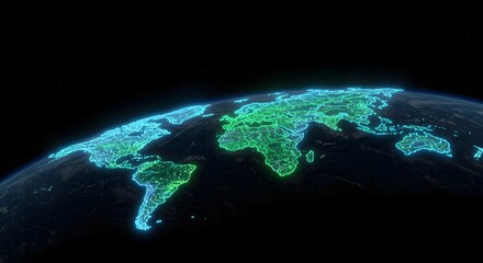 A glowing, digital representation of the world map, showing continents and countries outlined in vibrant light.