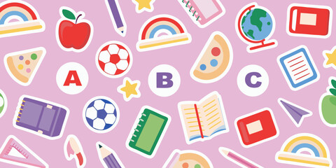 A cheerful and colorful pattern of school supplies and educational icons on a light pink background