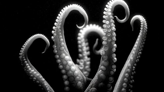 Black  white tentacles curl suckers visible against stark backdrop