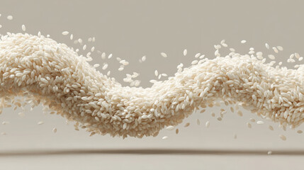Flowing stream of rice grains creates dynamic wave pattern against neutral background