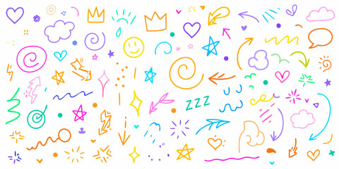 Collection of colorful hand drawn doodle elements including hearts stars clouds arrows and smiley faces