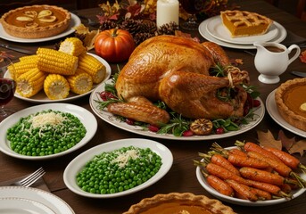 Vibrant Holiday Feast From Above with Roasted Turkey, Corn on Cob, and Peas with Cheese