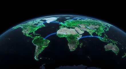 Global map of Earth's landmasses, highlighted with varying shades of green, displayed against a dark background.