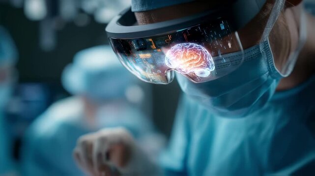 Close medium shot showing smart glasses overlay displaying detailed brain margin mapping as surgeons hand adjusts instruments highlighting cuttingedge precision tech with soft - Powered by Adobe