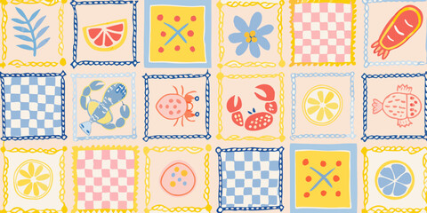 Whimsical hand drawn pattern featuring marine life fruits and geometric designs