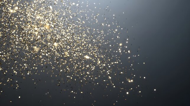 Golden confetti frozen in motion against dark background, celebrating energy and sparkle.