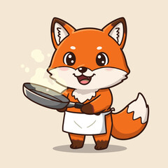 Adorable cartoon fox in a white apron, cooking with a steaming pan and a cheerful smile. Upright pose and expressive eyes add warmth and charm—perfect for culinary-themed branding or kids' media.