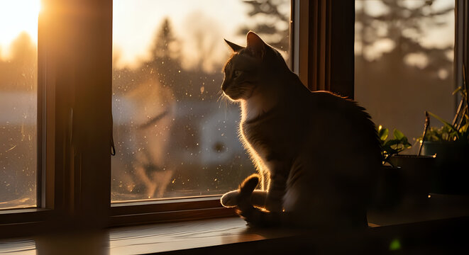 Golden hour glow illuminates a contemplative feline companion perched gracefully on a sun-drenched windowsill, lost in thought as the warm light bathes its fur in a captivating, serene ambiance