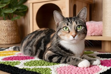Calico Tabby Cat Lying on Multicolored Crochet Rug by Wooden Cat House and Plant

