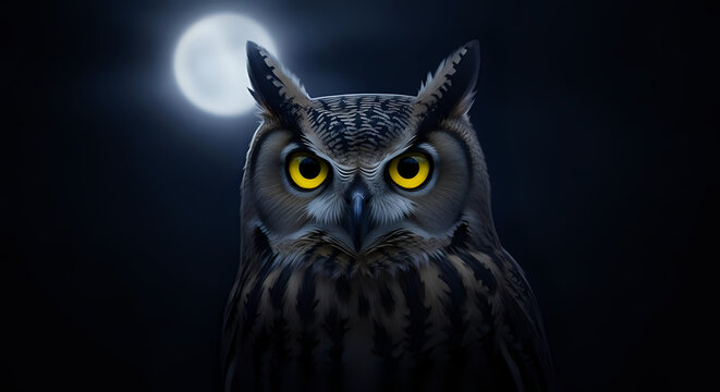 Intense owl stares with piercing yellow eyes against the backdrop of a luminous moon, exuding an aura of wisdom and mystery under the serene night sky, perfect for nature enthusiasts