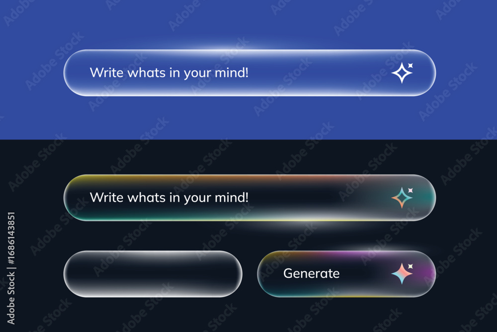 Poster glassmorphism style search bar buttons, rounded shapes, blue and multicolor, translucent effect, ui 