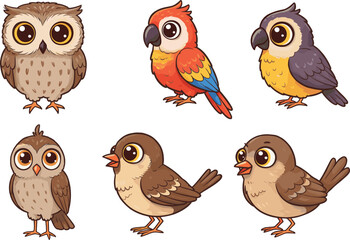 Cute cartoon bird set with owl, parrot, sparrow, adorable colorful birds illustration, kawaii animal character design for kids and decor