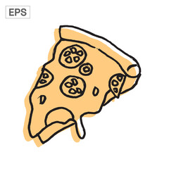 Pizza slice with melted cheese and toppings, hand-drawn style