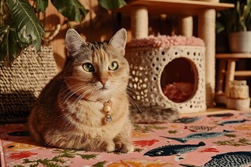 Tortoiseshell Cat with Bell Collar on Fish-Patterned Pink Rug Near Perforated Cat House