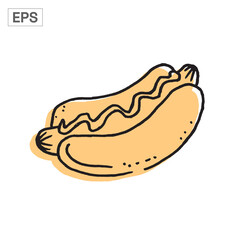 Hot dog with mustard on a bun, cartoon style.