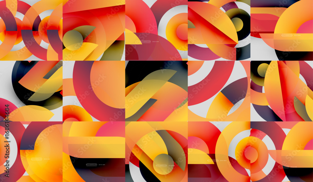 Poster abstract geometric composition. overlapping circles create vibrant orange, yellow gradients. modern 