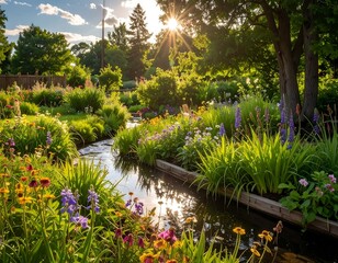 Sunlit garden stream with vibrant flowers