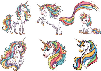 Magical unicorn illustration set with rainbow mane, cute fantasy unicorn, cartoon unicorn character, fairytale unicorn artwork for children design