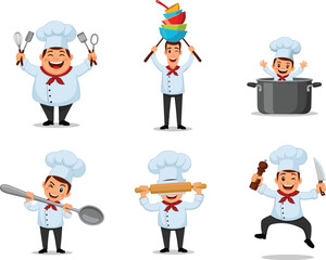 Cartoon chef character illustration set with cooking utensils, funny kitchen poses, restaurant mascot design, professional cook artwork for food industry