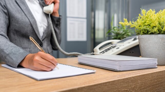 Business Professional Engaged in Work at Reception Desk with Phone