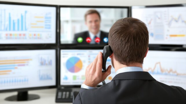 Businessman Conducting Virtual Meeting with Multiple Monitoring Screens - Powered by Adobe
