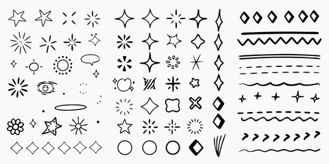 Collection of hand drawn doodle elements stars sparkles lines shapes and symbols © Milton