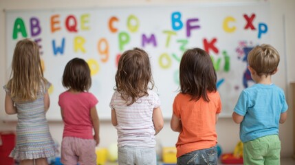 Children Learning Alphabet in Classroom with Colorful Letters Display
