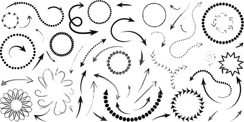 Collection of hand drawn arrows and circular elements in black and white