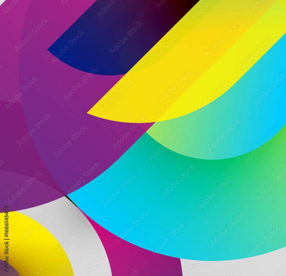 Poster abstract vibrant shapes overlap, creating dynamic colorful composition. smooth gradients blend hues,