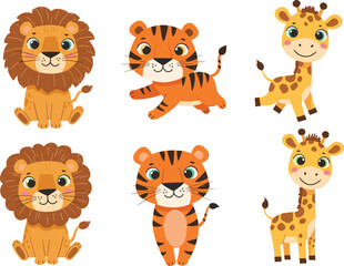 Cute cartoon jungle animals set with lion, tiger, and giraffe, adorable wildlife illustration for kids, nursery, stickers, and design projects