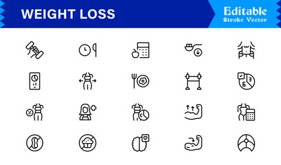Weight Loss line icon set with modern minimal style, professional health and fitness collection, unique slimming and diet vector icons for clean visual communication, sleek design