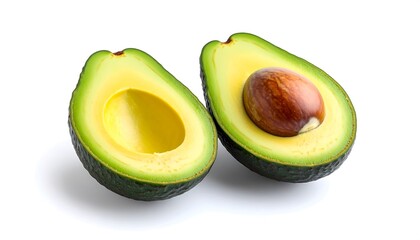Ripe Avocado Halves with Fresh Green Flesh and Seed, and Isolated on White Background.