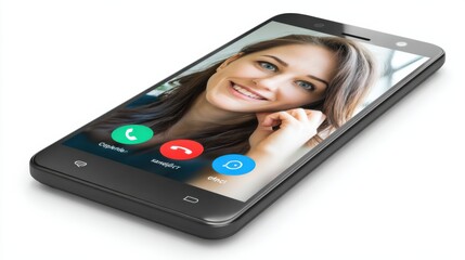 Close-up view of smartphone screen displaying a smiling woman