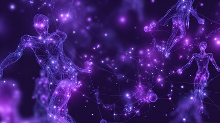 Abstract network of human-like figures connected by glowing lines in purple space