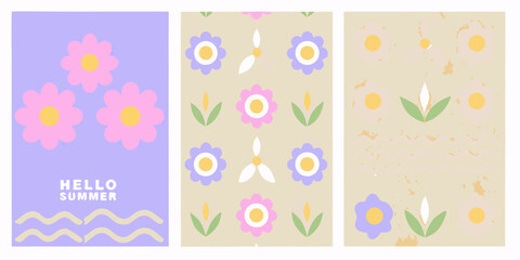 Three panels with cute floral designs and summer greetings