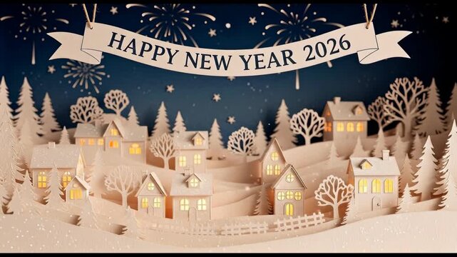Enchanting New Year 2026: Animated Papercraft Village with Cozy Lights and Fireworks