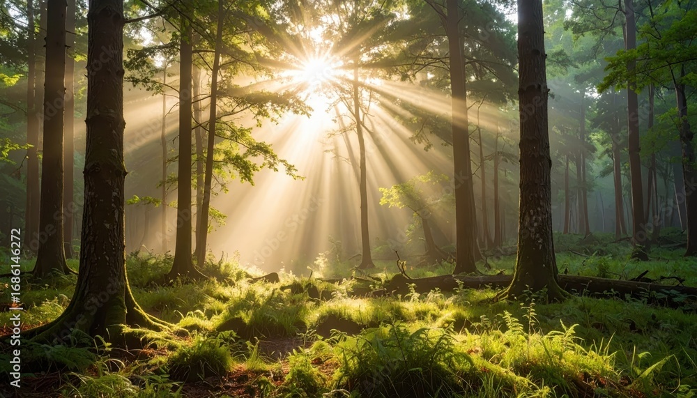 Poster sunlight filtering through trees in misty forest landscape