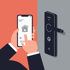 A person using a smartphone to interact with a smart door lock system.