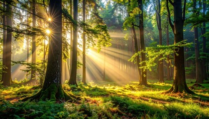 Fototapeta premium Serene Sunlight Streaming Through Lush Green Forest Trees