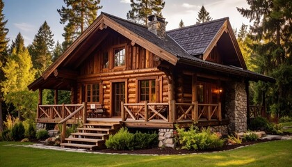 Obraz premium Cozy Wooden Cabin Surrounded by Lush Green Forest Beauty