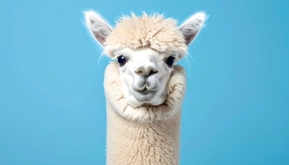 Obraz premium Close-up portrait of a fluffy alpaca against a vibrant blue background. A charming, curious expression